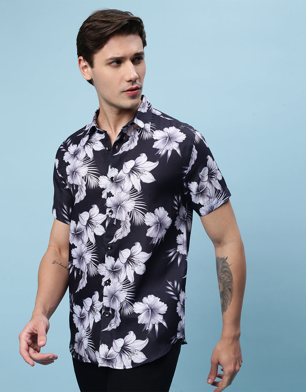 Black Floral Printed Casual Shirt Veirdo