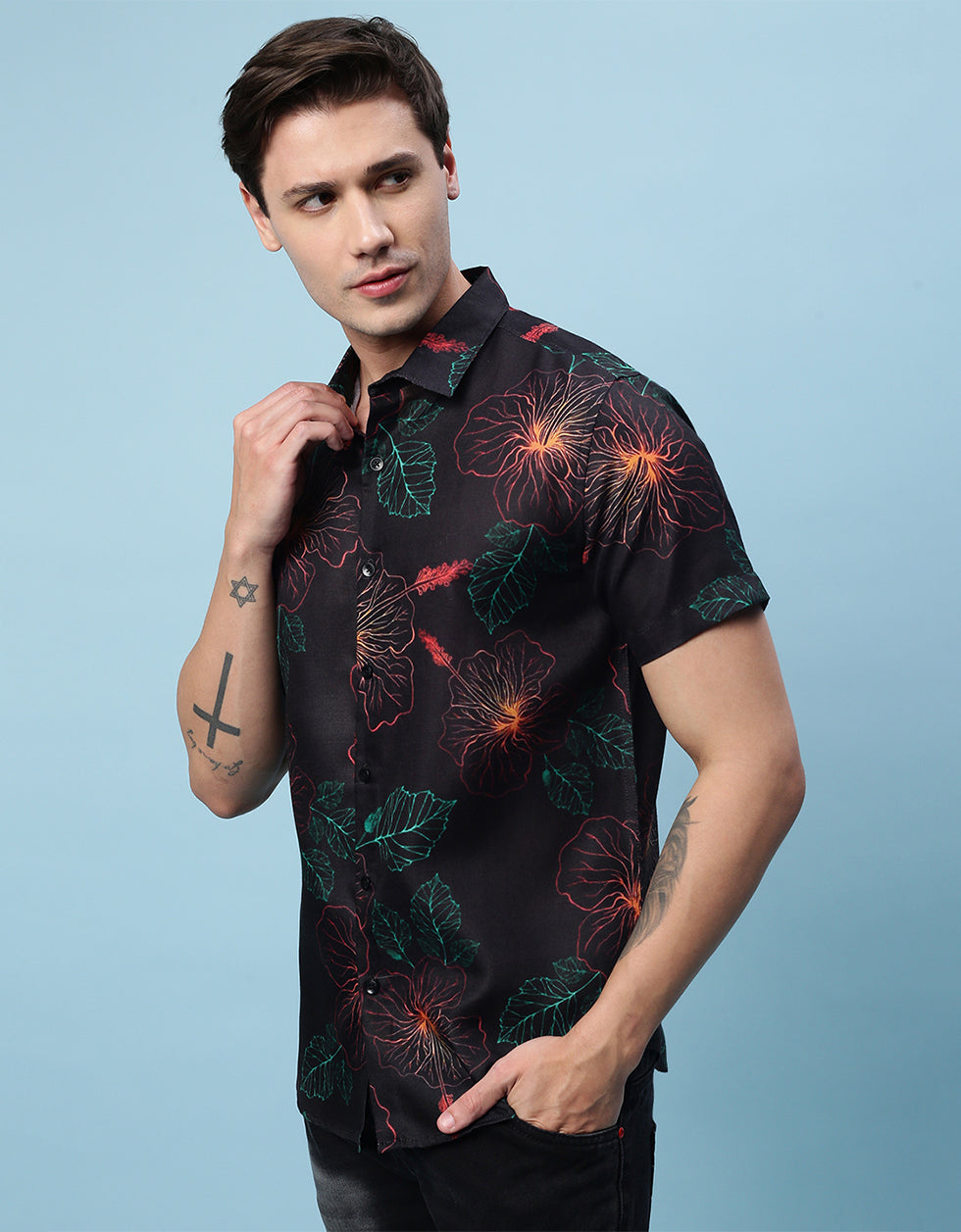 Black Floral Printed Casual Shirt Veirdo