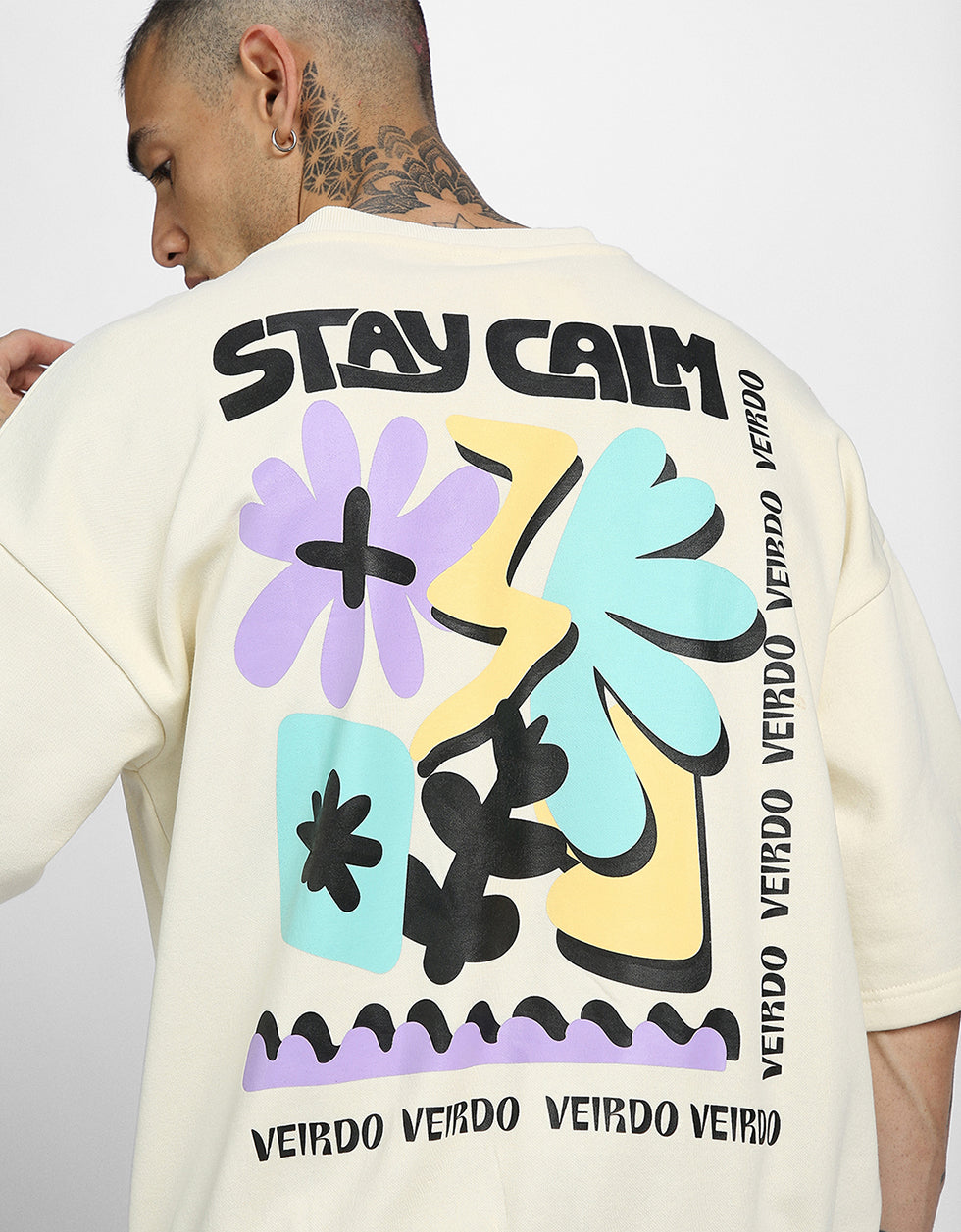 Calm Vibes: Stay Calm Print Beige Half Sleeve Sweatshirt Veirdo