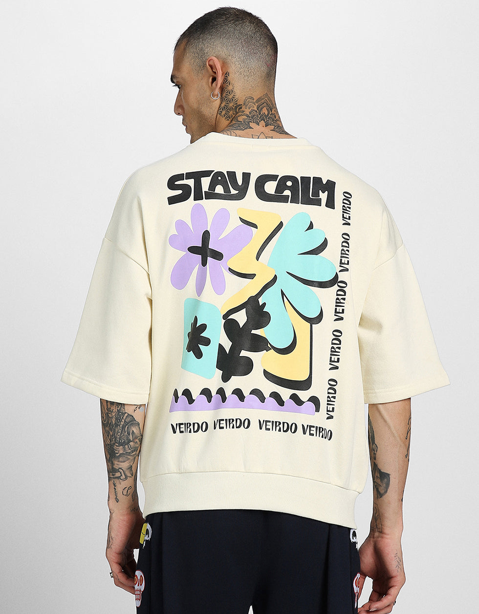 Calm Vibes: Stay Calm Print Beige Half Sleeve Sweatshirt Veirdo