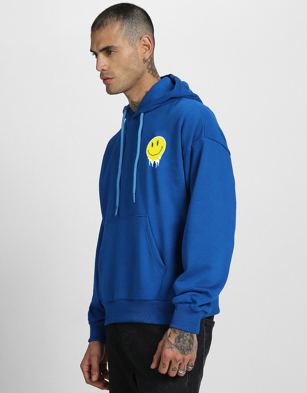 Cheerful Vibes: Men's Blue Hoodie with Smile Print Veirdo