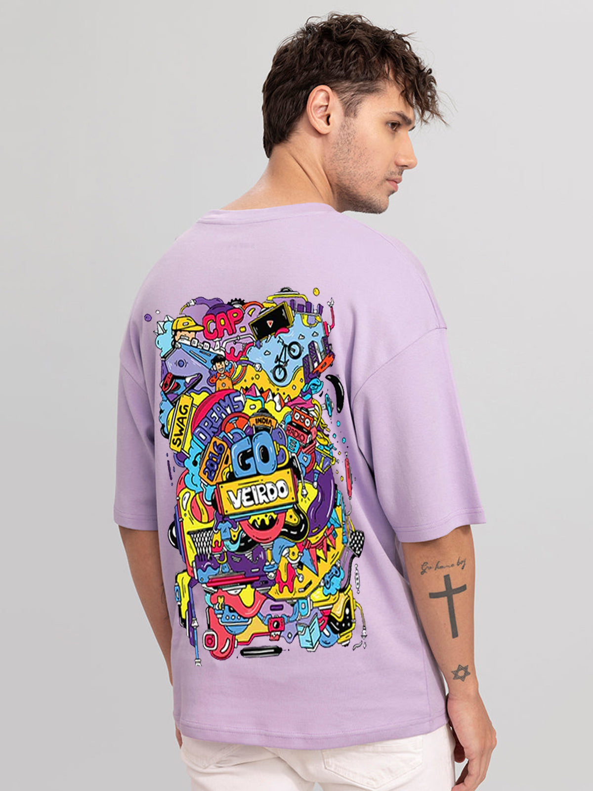 Doodle Print Oversized Lilac T-Shirt Veirdo