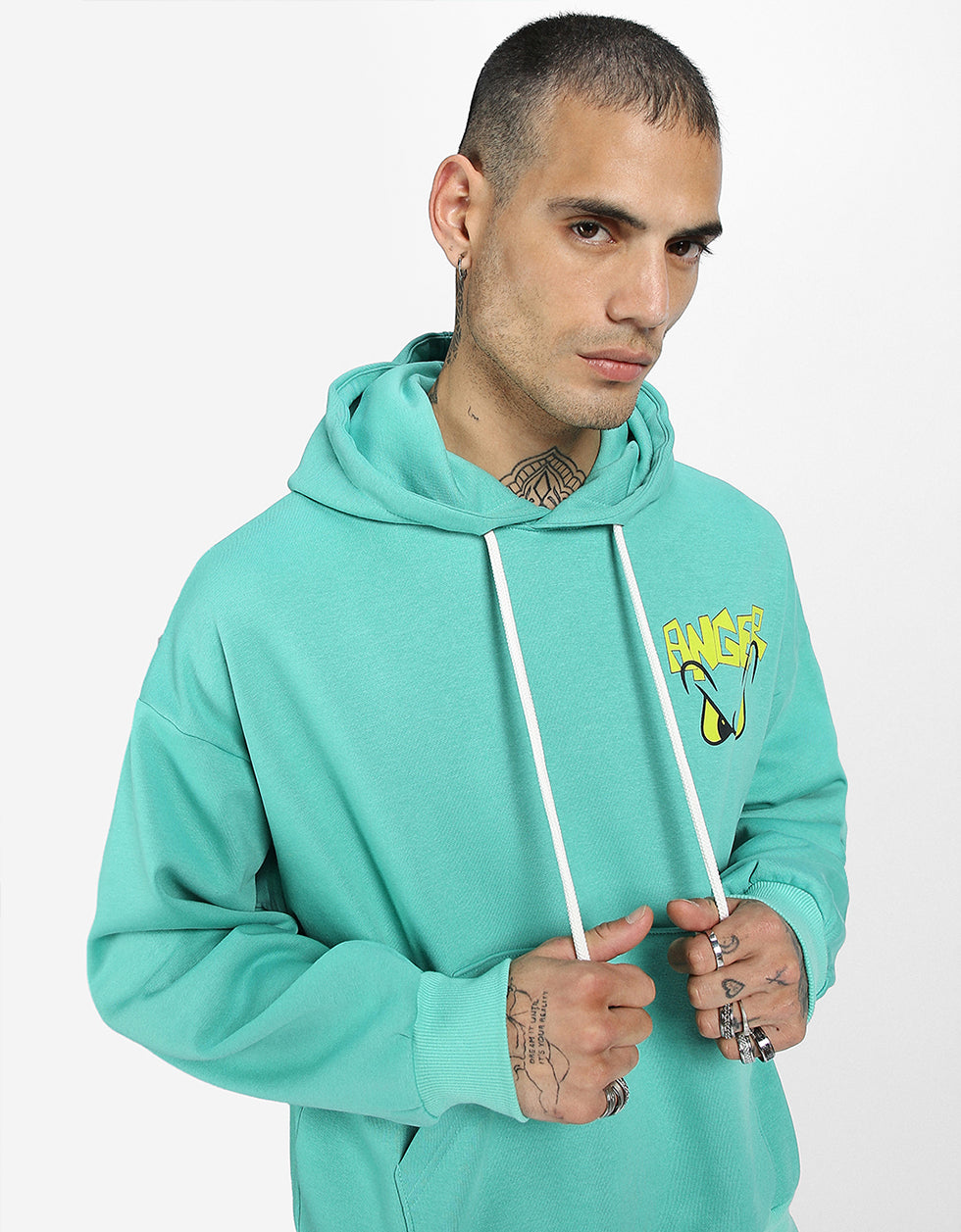 Expressive Anger: Men's Green Fleece Hoodie Veirdo