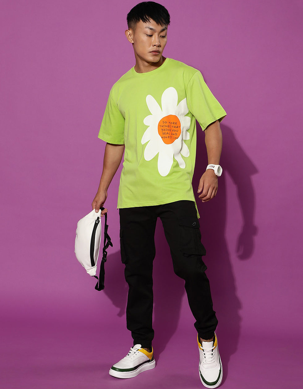 Graphical Flower Printed Lime Green Oversized T-Shirt Veirdo