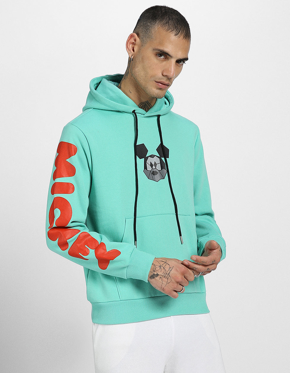 Mickey Magic: Men's Green Hoodie with Playful Graphic Veirdo