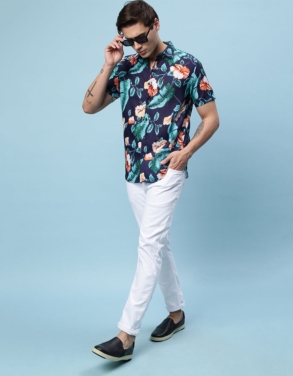 Navy Floral Printed Casual Shirt Veirdo