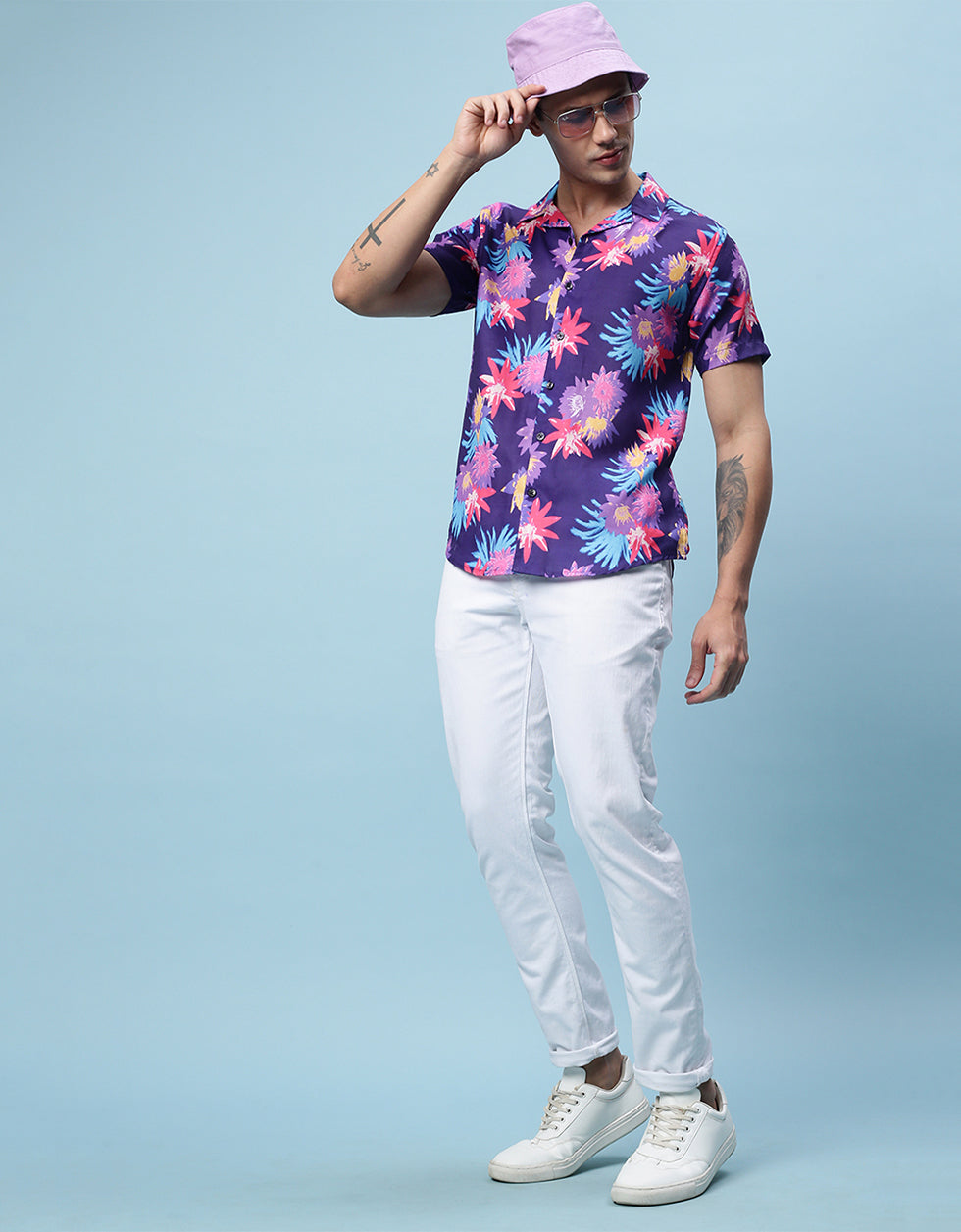 Navy Floral Printed Casual Shirt Veirdo