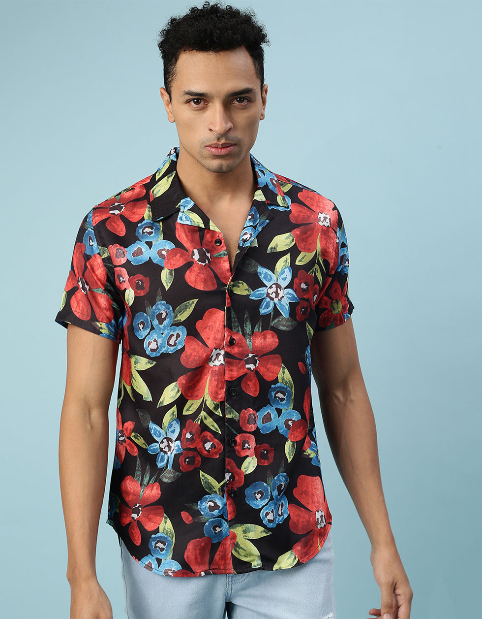 Navy Floral Printed Casual Shirt Veirdo