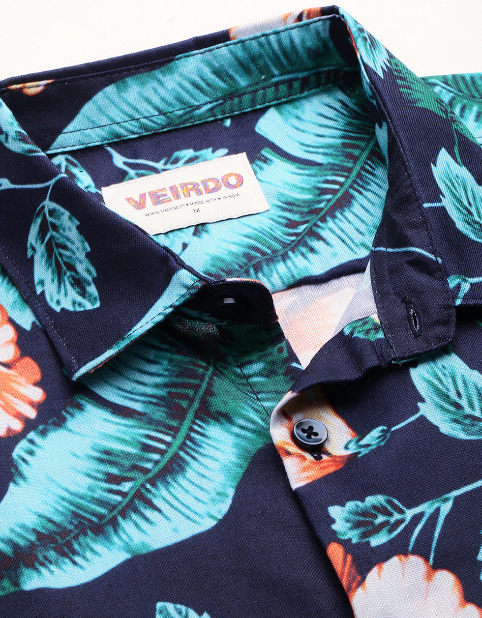 Navy Floral Printed Casual Shirt Veirdo