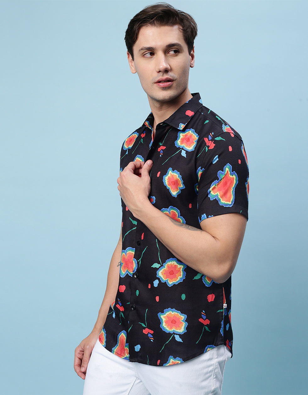 Navy Floral Printed Casual Shirt Veirdo