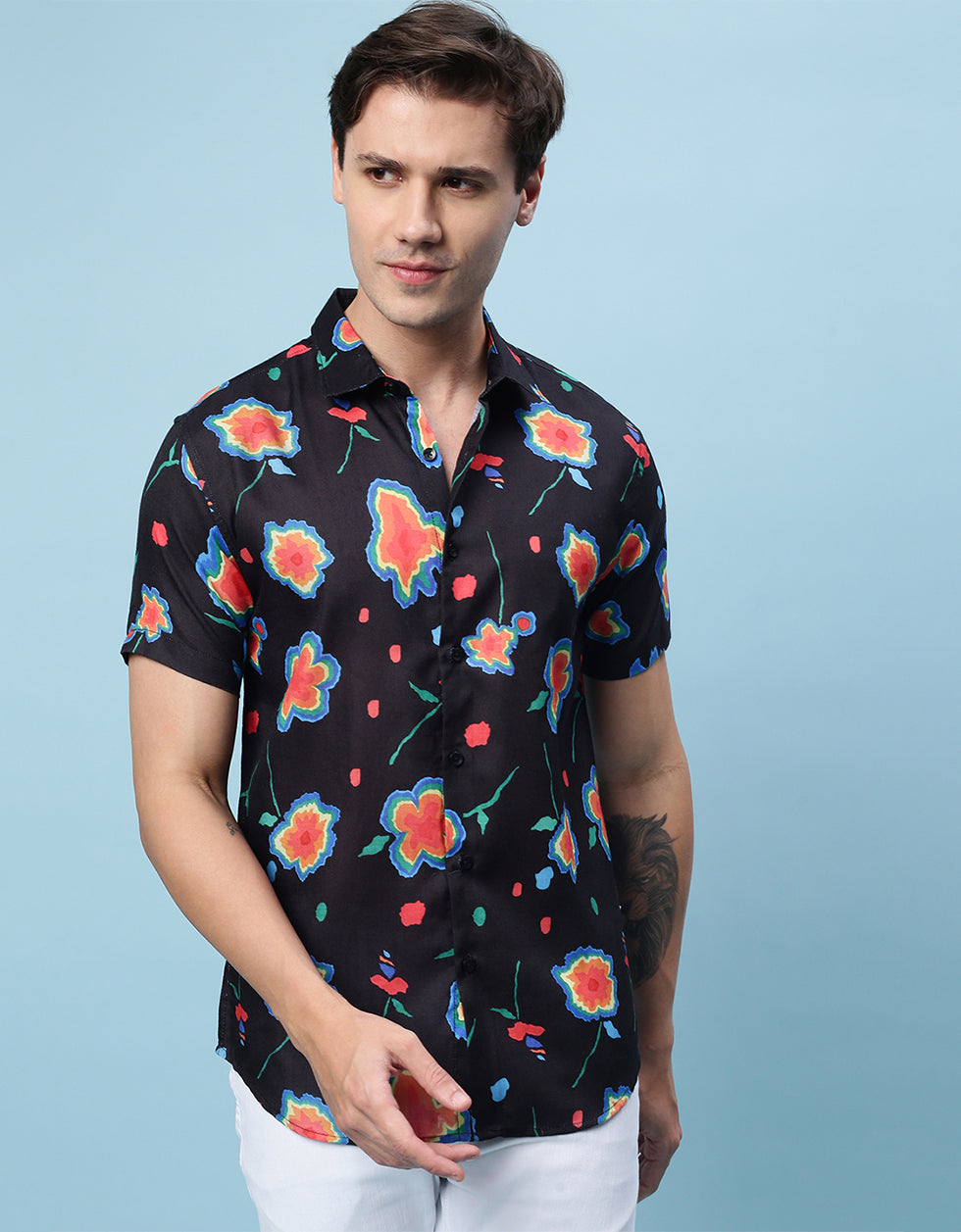 Navy Floral Printed Casual Shirt Veirdo