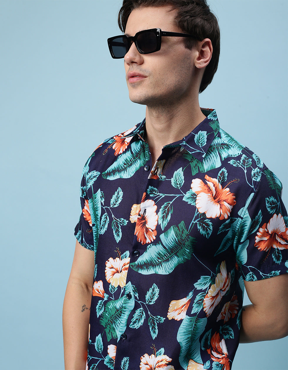 Navy Floral Printed Casual Shirt Veirdo