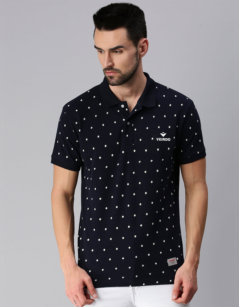 Navy Printed Polo T-Shirt Veirdo