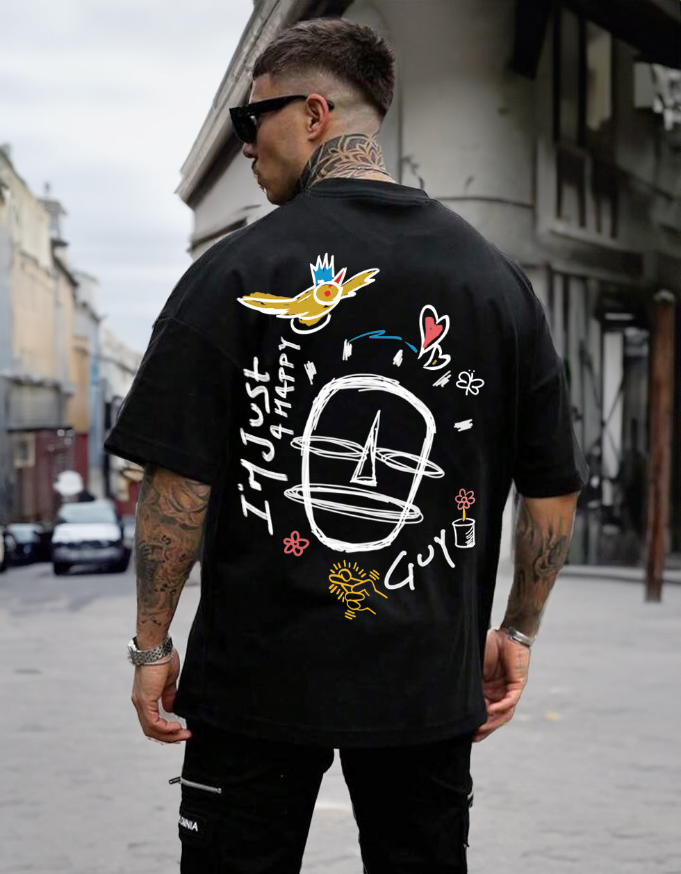 Happy Guy Black Oversized Back Graphic Printed Tshirt