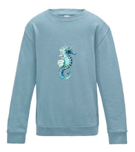 JanaRoos - T-shirts and Sweaters - Kid's Sweater - Packshot - Hand drawn illustration - Round neck - Long sleeves - Cotton - sky blue - hemelsBlauw - sea horse - zeepaardje