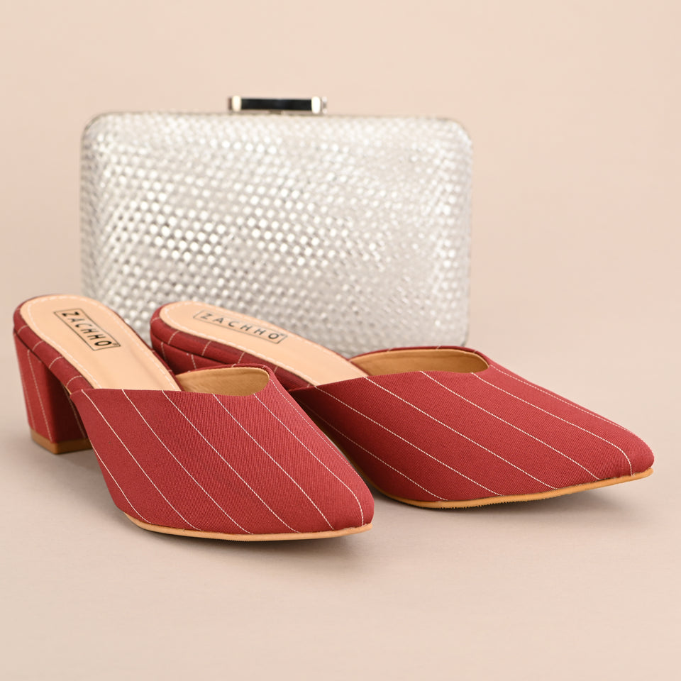 Maroon Textured Block Heel Mules | Zachho