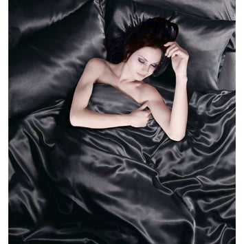 Satin 6 Pcs Silky Sexy Bedding Set Queen Duvet Cover Fitted Sheet & 4x Pillowcases (Black)