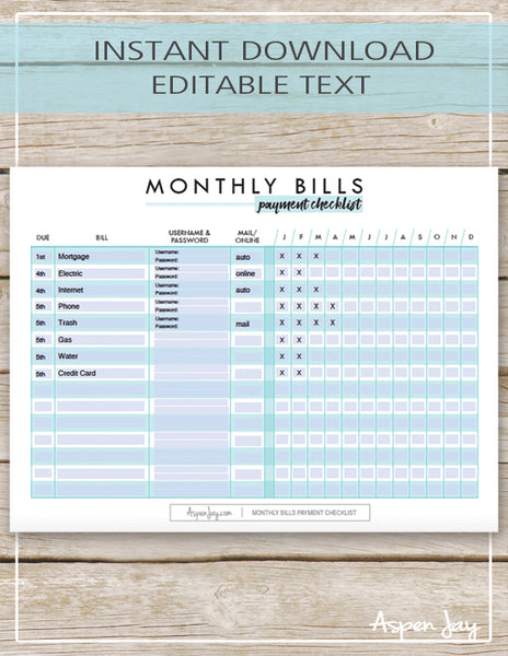 Monthly Bills Payment Checklist – AspenJay