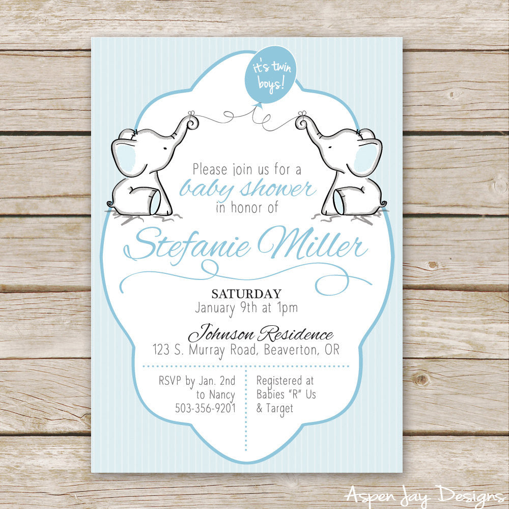 twin elephant baby shower invitations