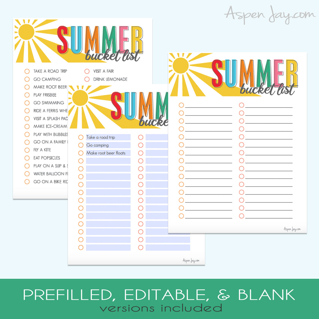 Free Editable Summer Bucket List Template