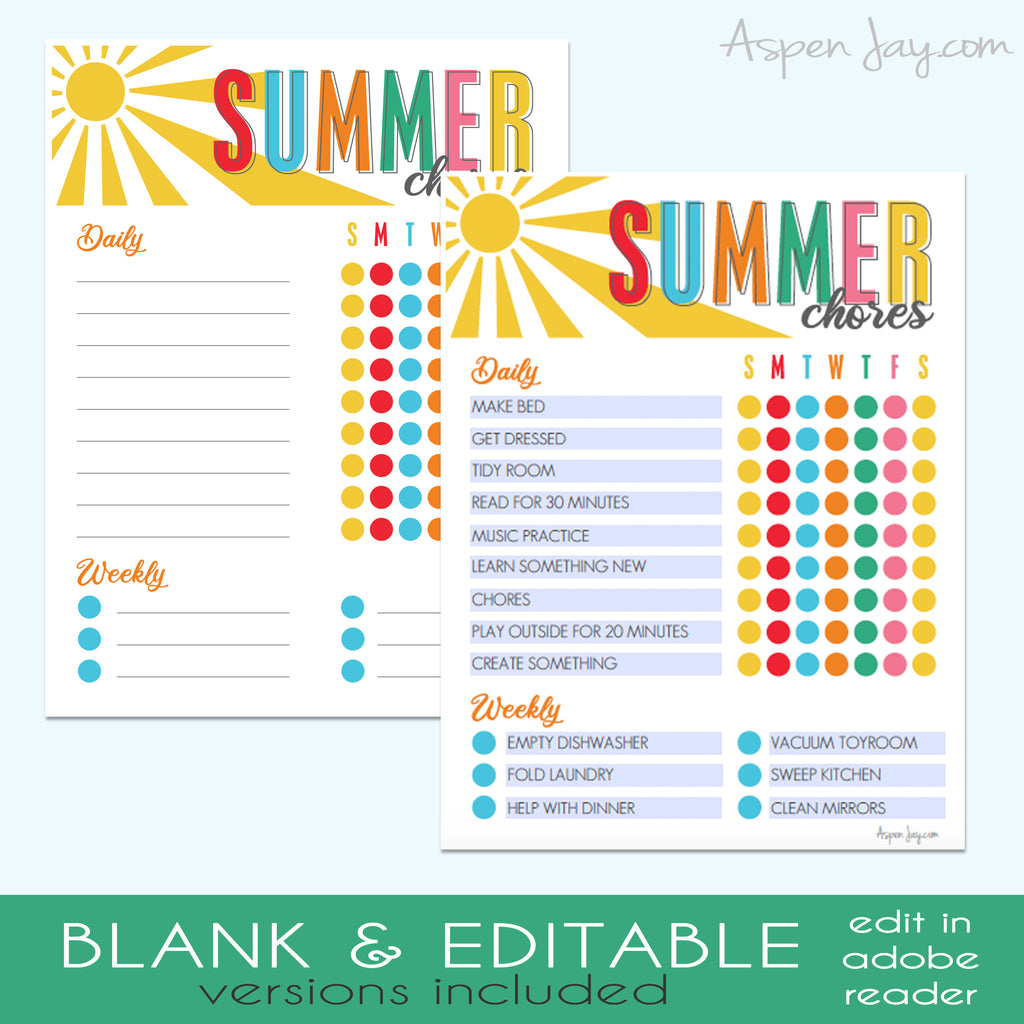 EDITABLE Summer Chore Chart – AspenJay