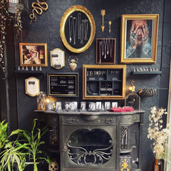 gothic jewellery display dressing area in the bonearrow shop Nottingham