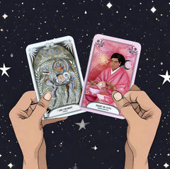 hands holding The Chariot and Eight of cups cards from The Crystal Magic Tarot deck with a background of a starry night sky