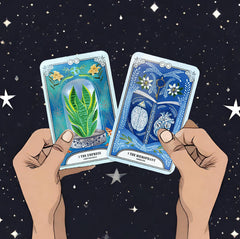hands holding The Empress and The Hierophant cards from The Crystal Magic Tarot deck with a background of a starry night sky