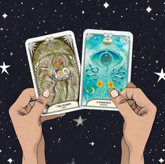 the chariot and judgement cards from he crystal magic tarot deck held up with two hands with a background of stars