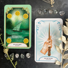 Ace of wands and 5 of coins with clear quartz stones
