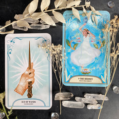 Blue Chalcedony and ace of wands The Crystal Magic Tarot deck