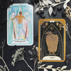 Knight of wands and death tarot cards from eh crystal magic tarot deck