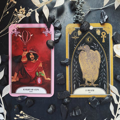 Knight of cups and death tarot card from the crystal magic tarot deck