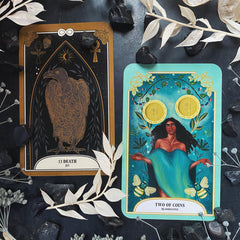 Death tarot card and two of coins from the Crystal Magic Tarot Deck