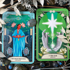 The Crystal Magic Tarot High Priestess and the Star with labradorite crystals and dried flowers