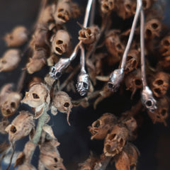 Snapdragon seed pods, screaming skulls in sterling silver necklaces and earring