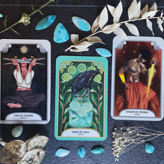 The crystal magic tarot - Knight of Swords, Eight of Coins, Two of Swords