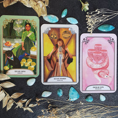 The Crystal Magic Tarot - Ten of Coins, Ace of Swords, Four of Cups