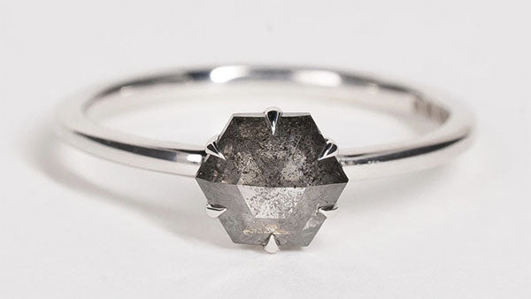 Hexagon salt and pepper diamond engagement ring with fine silver band