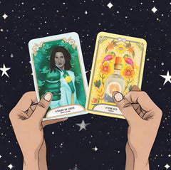 Page of coins and The Sun cards from The Crystal Magic Tarot deck held up against a starry night sky.