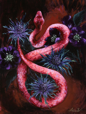 gothic style oil painting of a vivid pink snake