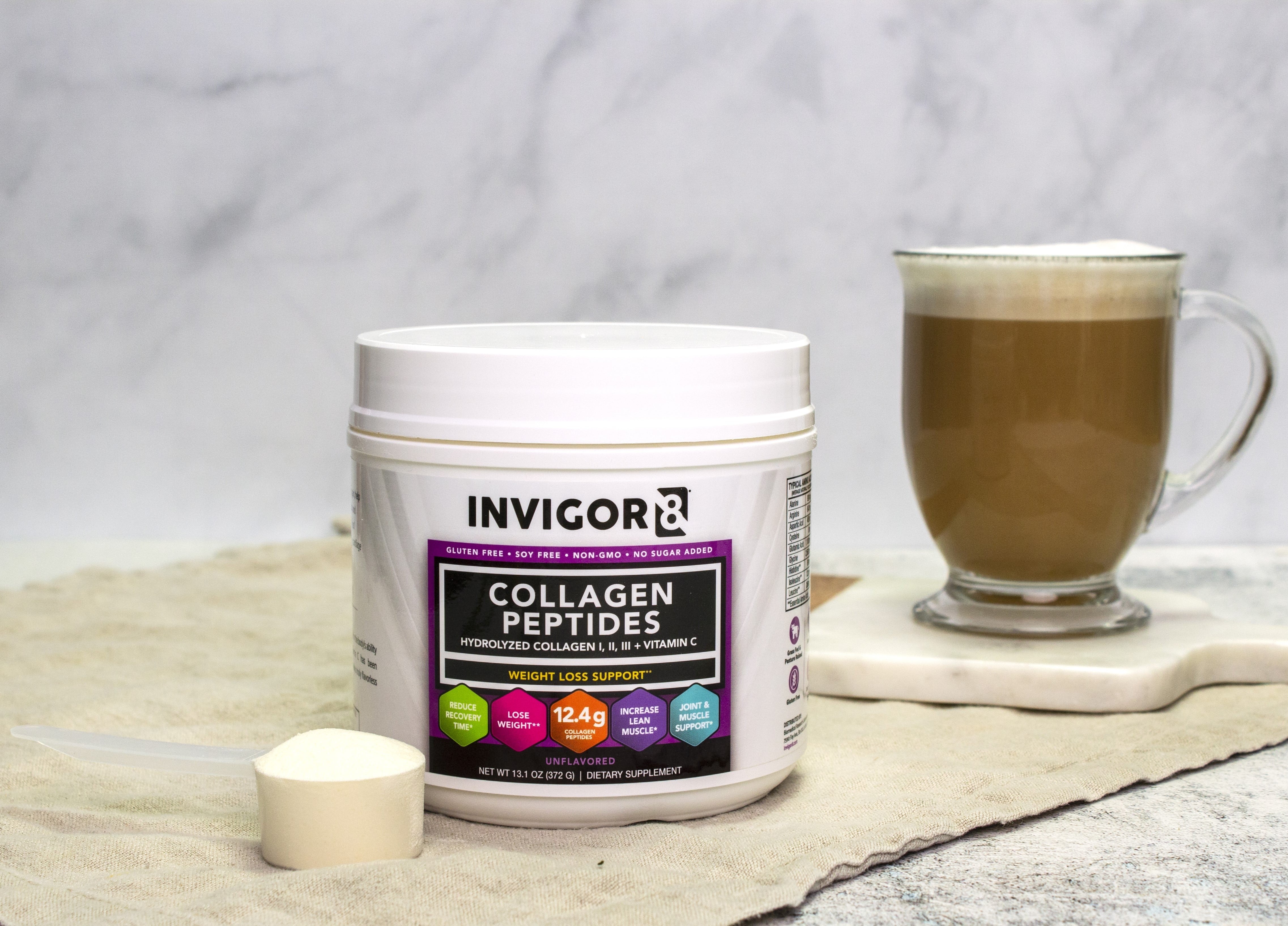 A bottle of Invigor8’s unflavored collagen peptides. 