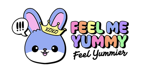 Kawaii company name, "FEEL ME YUMMY", with cute kawaii bunny logo character, and slogan, "Feel Yummier" in black, handwritten font.