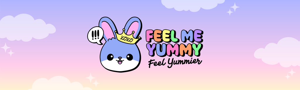 Cute kawaii bunny rabbit logo with kawaii rainbow text that reads "FEEL ME YUMMY," with a pastel gradient cloudy background.