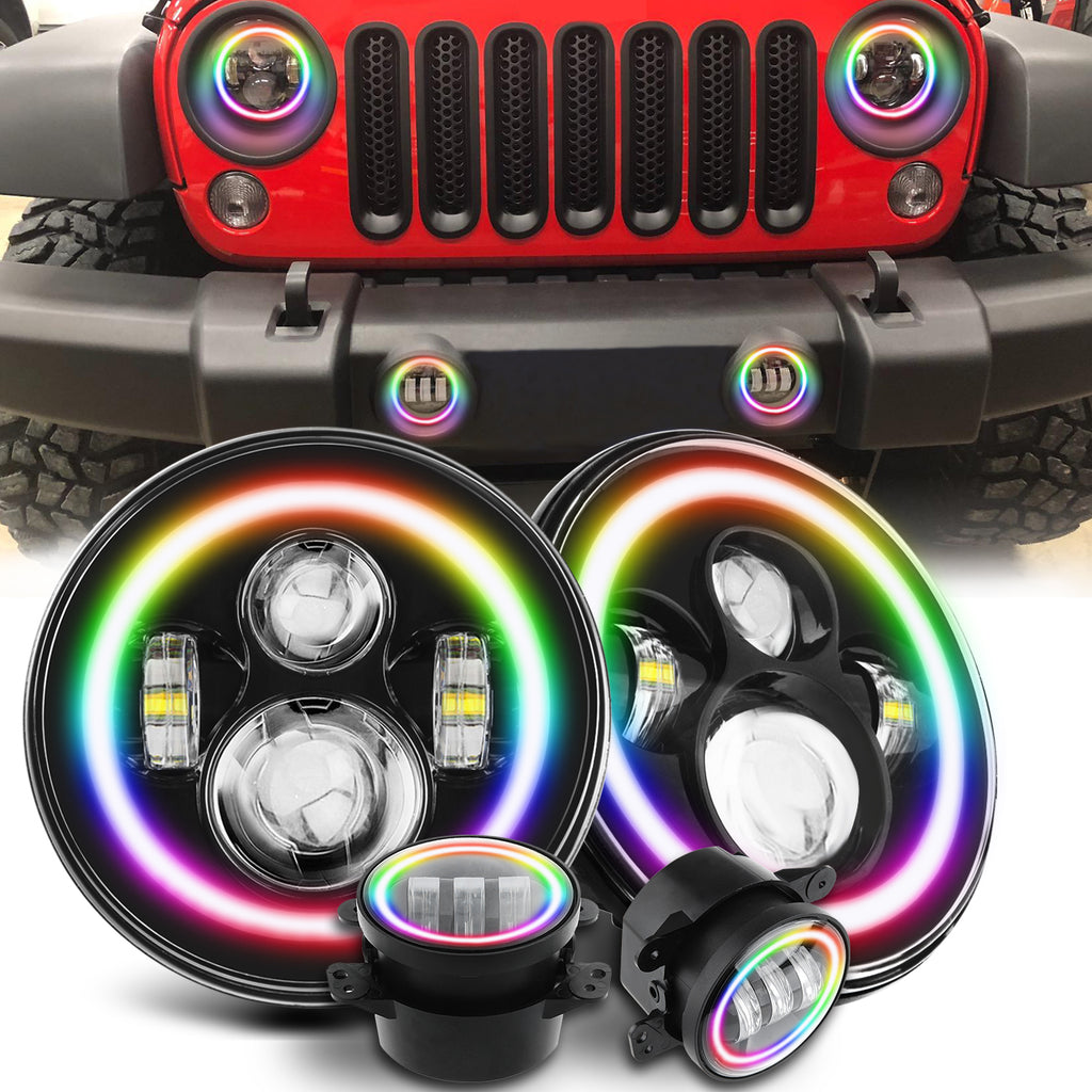 Jeep Wrangler RGB Color Rotating Halo LED Headlight Fog Light Combo