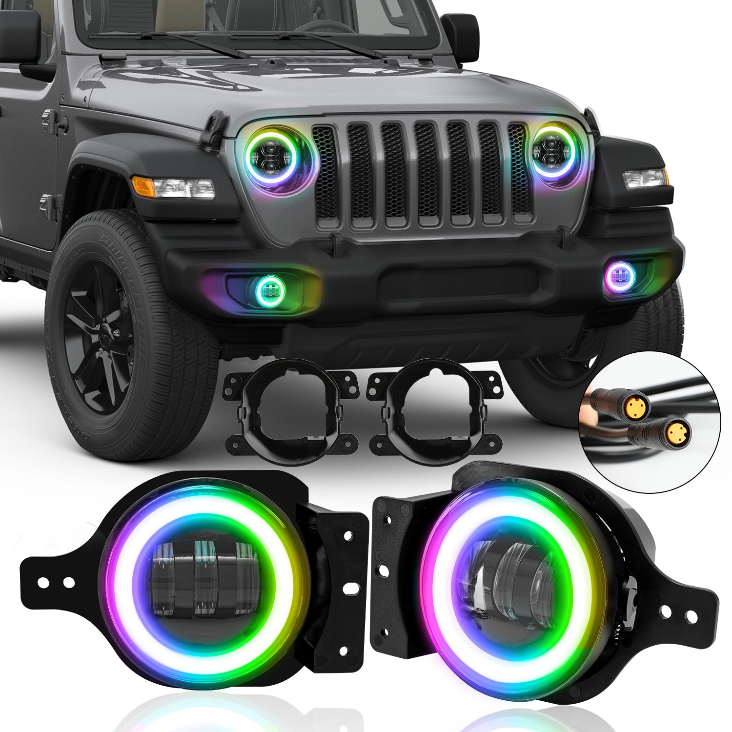 4 inch RGB Halo Rotating LED Fog Lights For 2018-2023 Jeep Wrangler JL