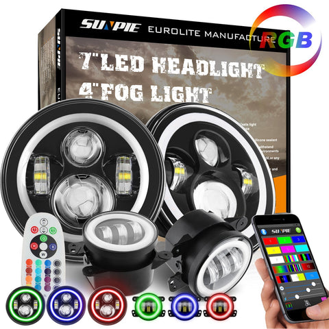 RGB halo LED headlights fog light Combo for Jeep Wrangler JK TJ