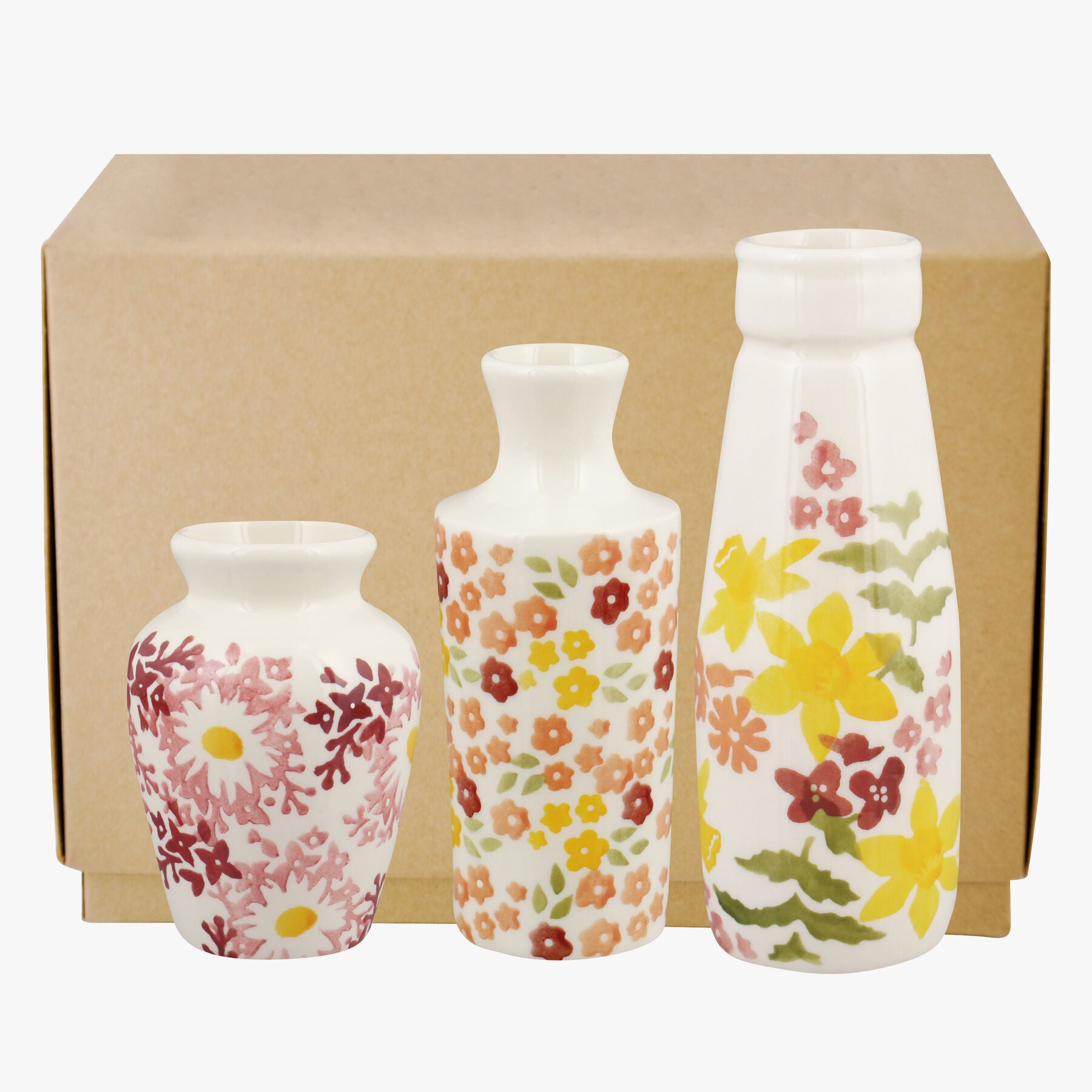 Wild Daffodils Set Of 3 Vases Boxed - Unique Handmade & Handpainted English Earthenware Decorative V