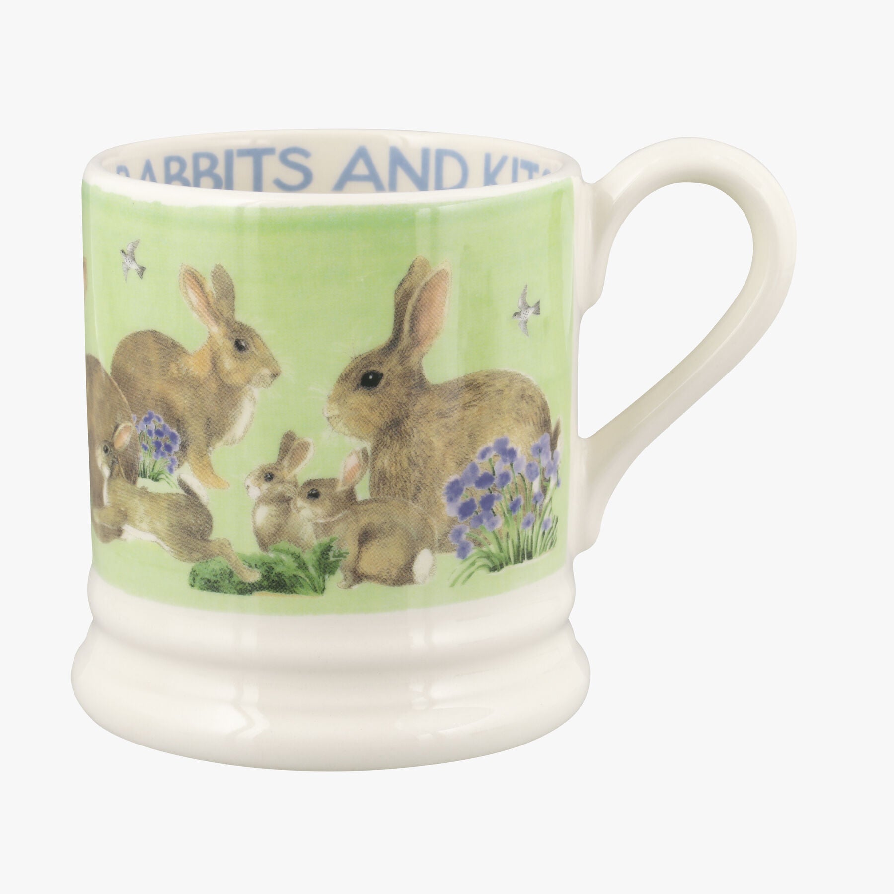 Green Rabbits & Kits 1/2 Pint Mug - Unique Handmade & Handpainted English Earthenware Tea/Coffee Mug