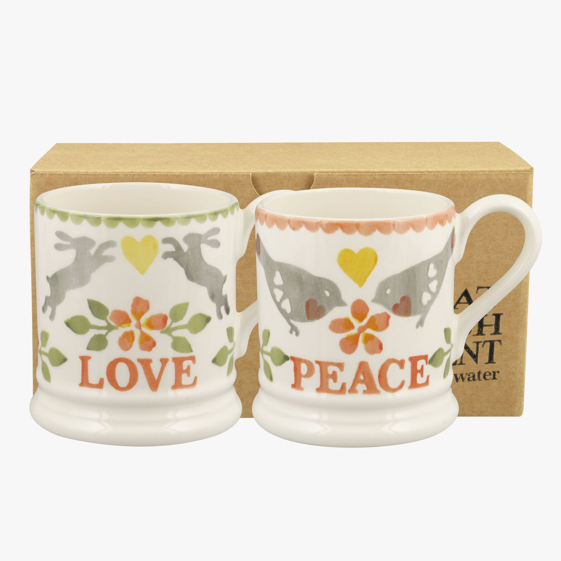 Lovebirds Coral Set Of 2 1/2 Pint Mugs Boxed - Unique Handmade & Handpainted English Earthenware Tea
